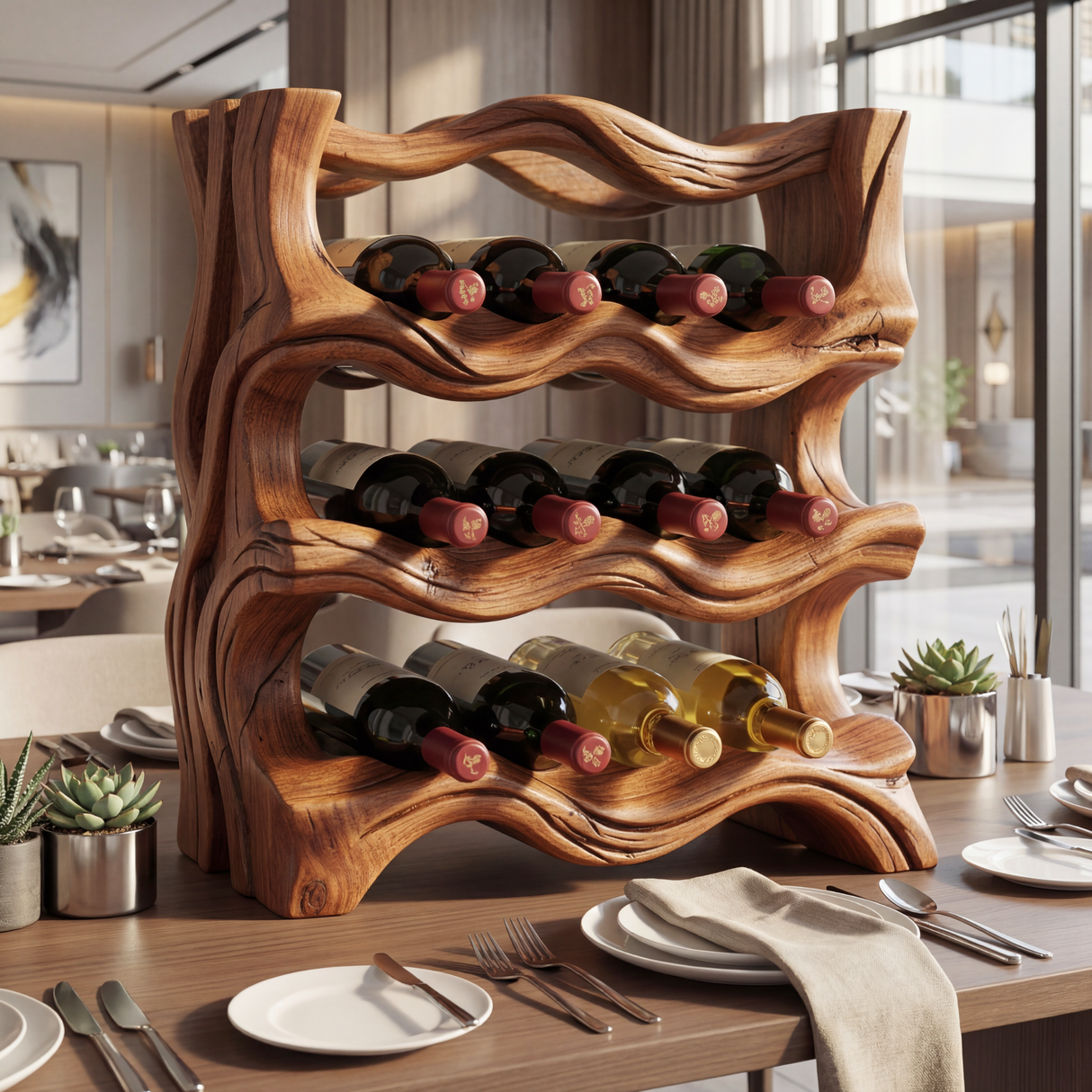 Organic Solid Wood Wine Rack Sculptural Multi Tier Bottle Holder for Countertop