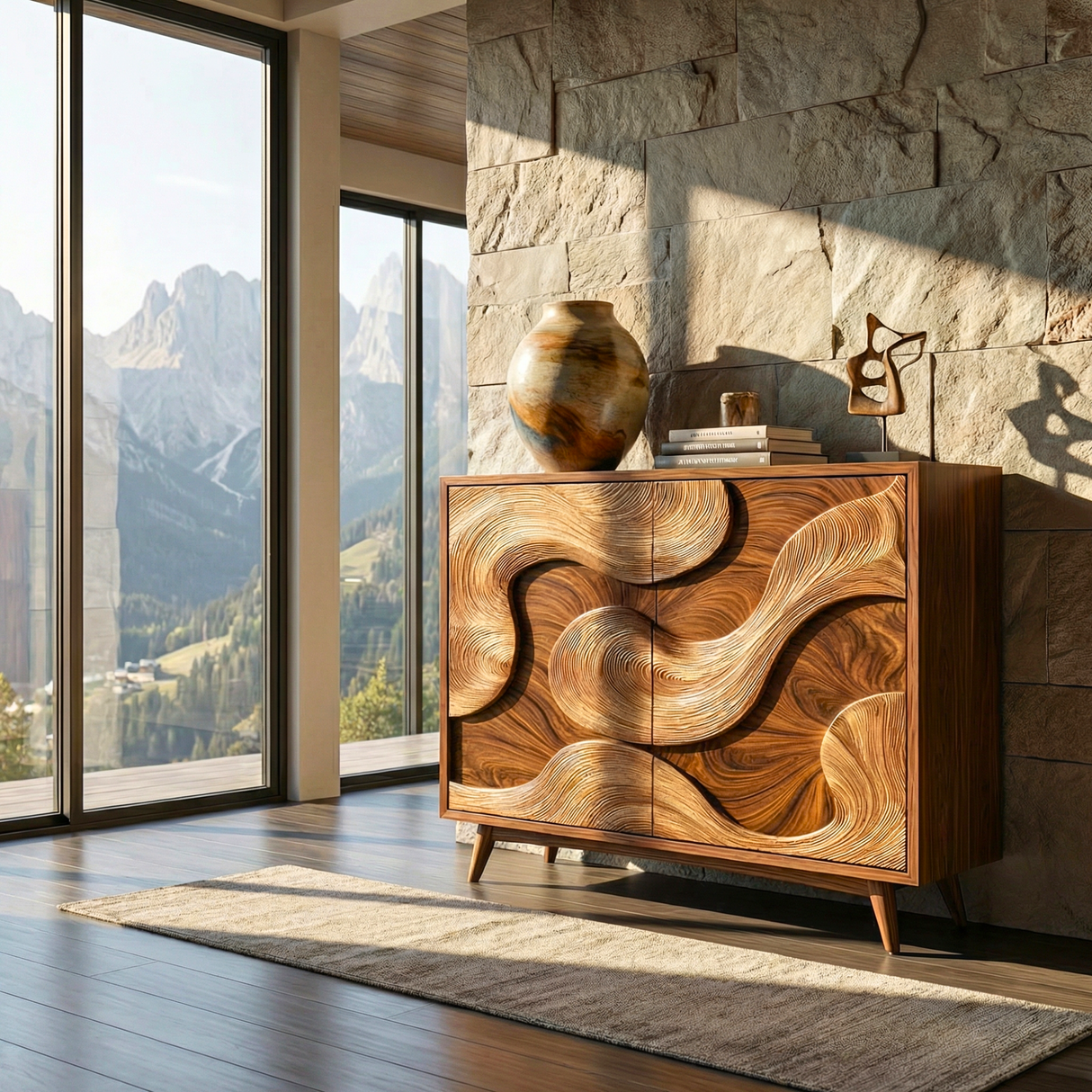 Solid Wood Sideboard with Abstract Sculptural Relief Doors for Modern Interiors