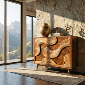 Solid Wood Sideboard with Abstract Sculptural Relief Doors for Modern Interiors