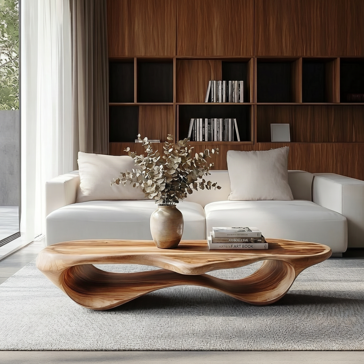 Handcrafted Organic Solid Wood Coffee Table with Continuous Hollow Wave Base