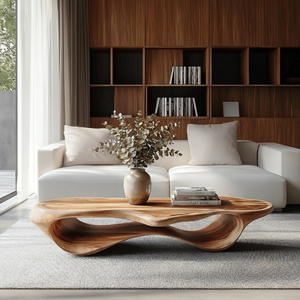 Handcrafted Organic Solid Wood Coffee Table with Continuous Hollow Wave Base