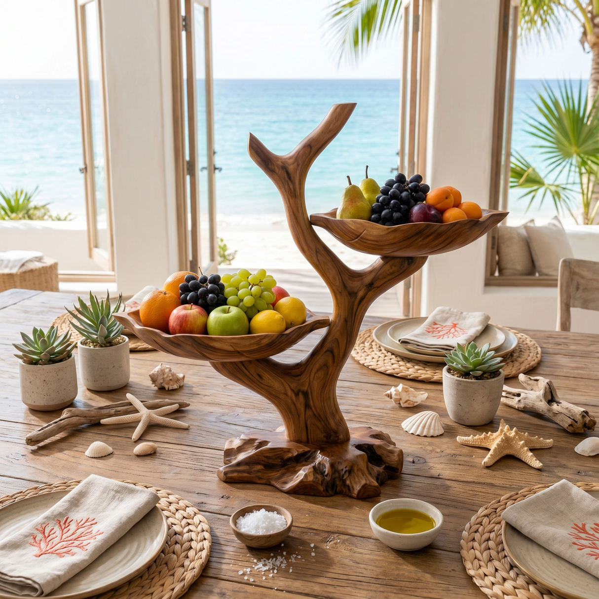 Organic Solid Wood Fruit Display Bowl with Branch Stand and Dual Leaf-Shaped Trays