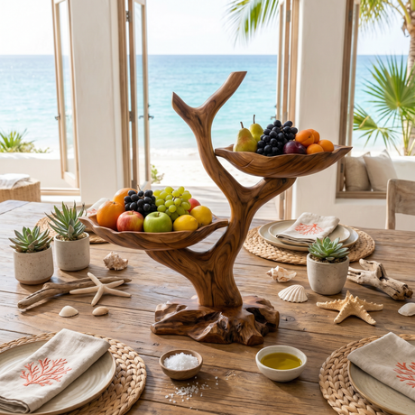 Organic Solid Wood Fruit Display Bowl with Branch Stand and Dual Leaf-Shaped Trays