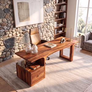 Sculptural Solid Wood Desk With Side Drawer For Home Office