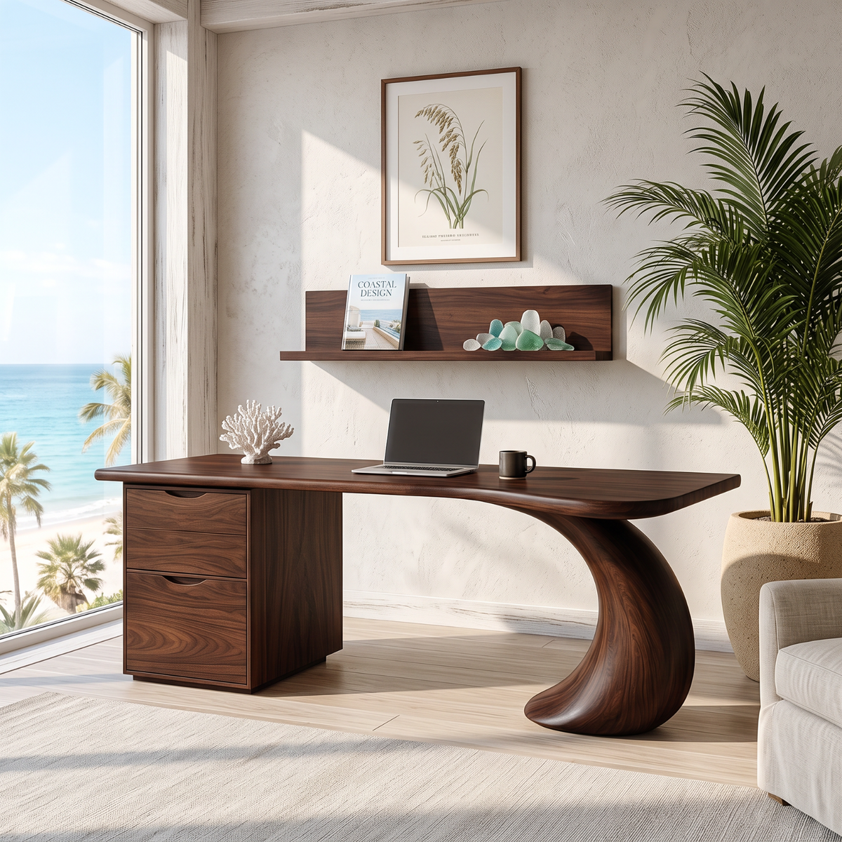 Organic Solid Wood Desk with Sculptural Curved Leg and Two Drawer Cabinet