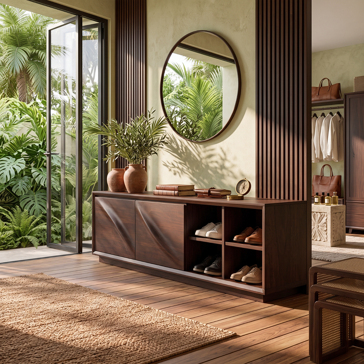 Shoe Cabinet Solid Wood with Closed Storage and Open Shelves