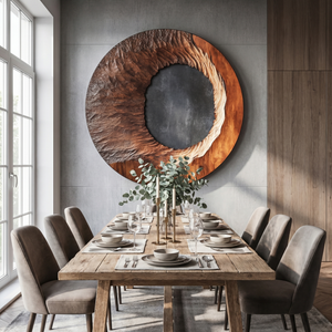 Handcrafted Solid Wood Ring Wall Art with Radial Carved Texture and Dark Inner Opening