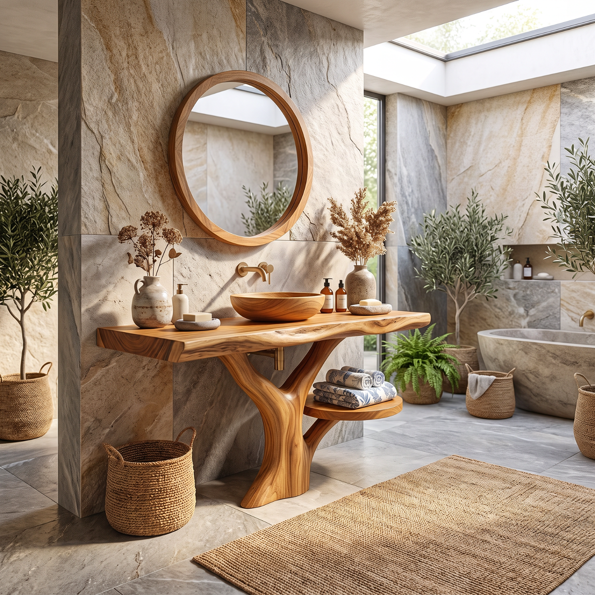 Bathroom Vanity Solid Wood with Tree Inspired Pedestal and Side Shelf for Spa Bathroom