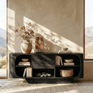 Sculptural Solid Wood Sideboard with Center Drawers and Rounded Open Shelves, Organic Modern Storage Cabinet
