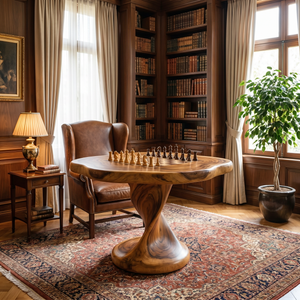 Handcrafted Solid Wood Chess Table with Organic Square Top and Pedestal Base