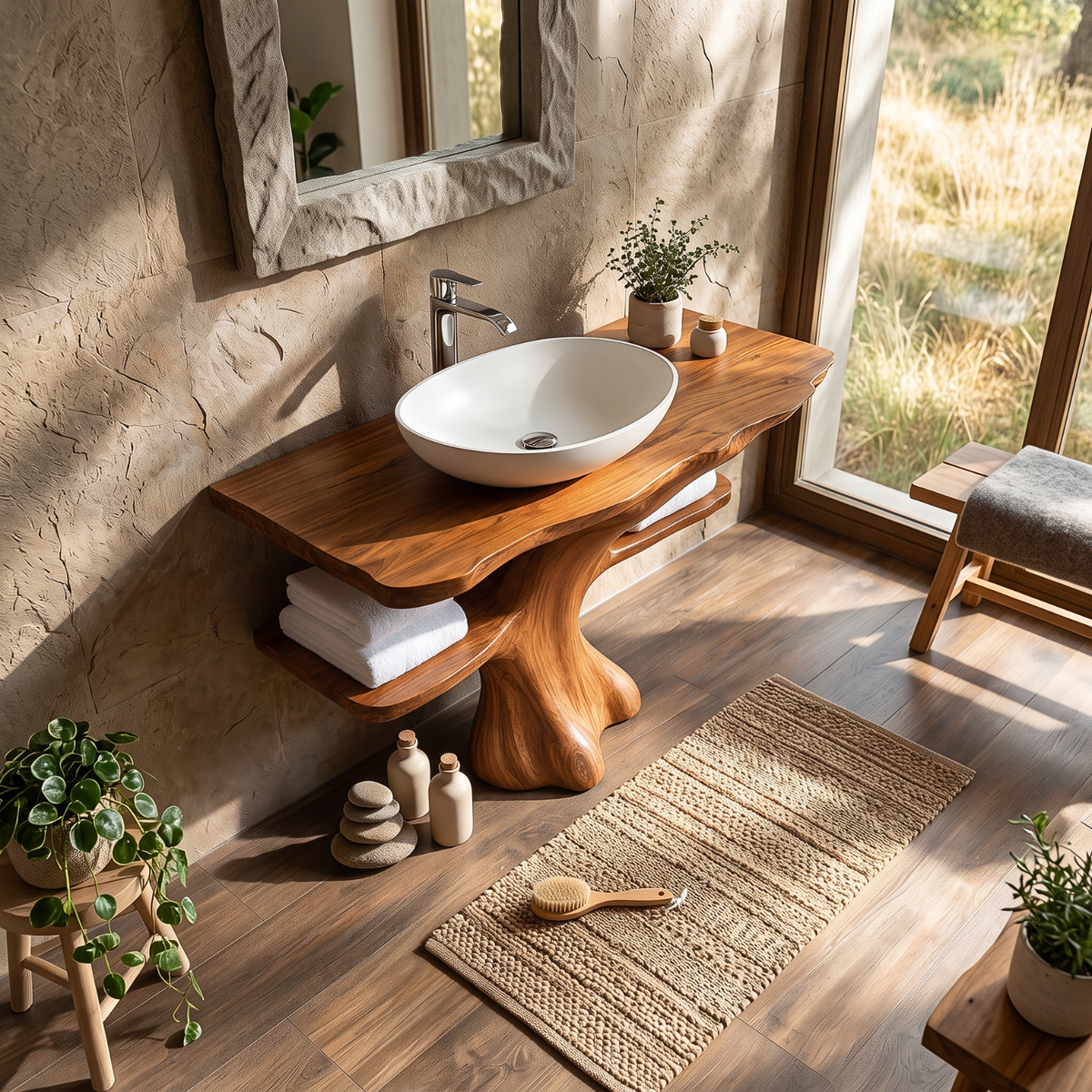 Solid Wood Bathroom Vanity with Sculptural Tree Base and Open Shelves