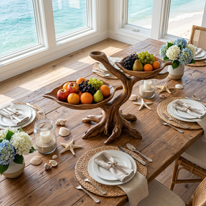Solid Wood Two-Level Fruit Bowl Centerpiece with Organic Branch Sculpture Base