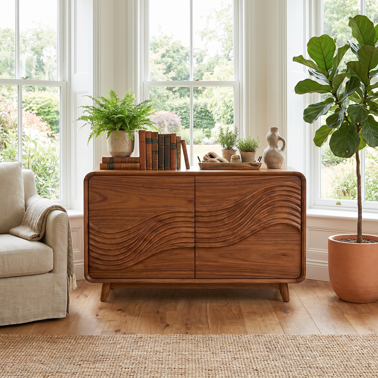 Handcrafted Solid Wood Sideboard with Sculpted Wave Doors
