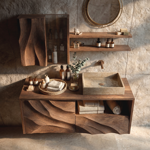 Sculpted Solid Wood Floating Bathroom Vanity with Layered Organic Relief
