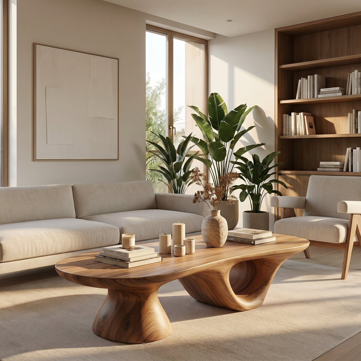 Solid Wood Coffee Table with Dual Sculptural Hollow Base