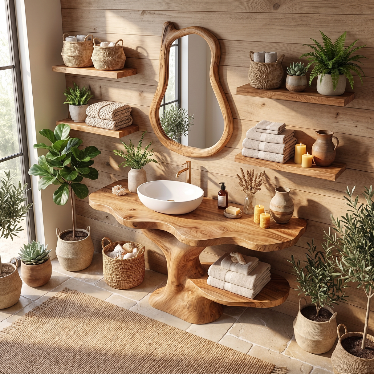 Bathroom Vanity Solid Wood with Tree Form Pedestal and Towel Shelf
