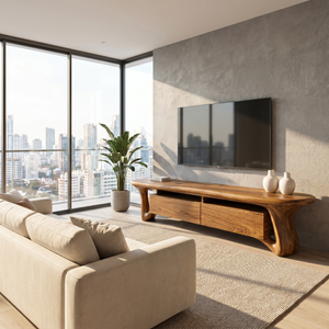 Organic Solid Wood TV Stand with Sculptural Loop Legs and Storage Drawers