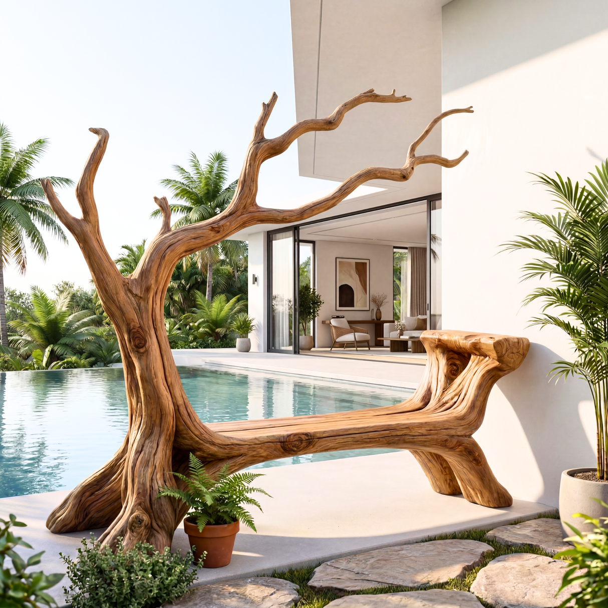 Handmade Natural Tree Wooden Bench Sculpture