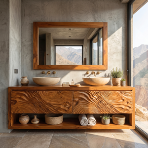 Double Vanity Cabinet with Carved Wave Front and Open Shelf