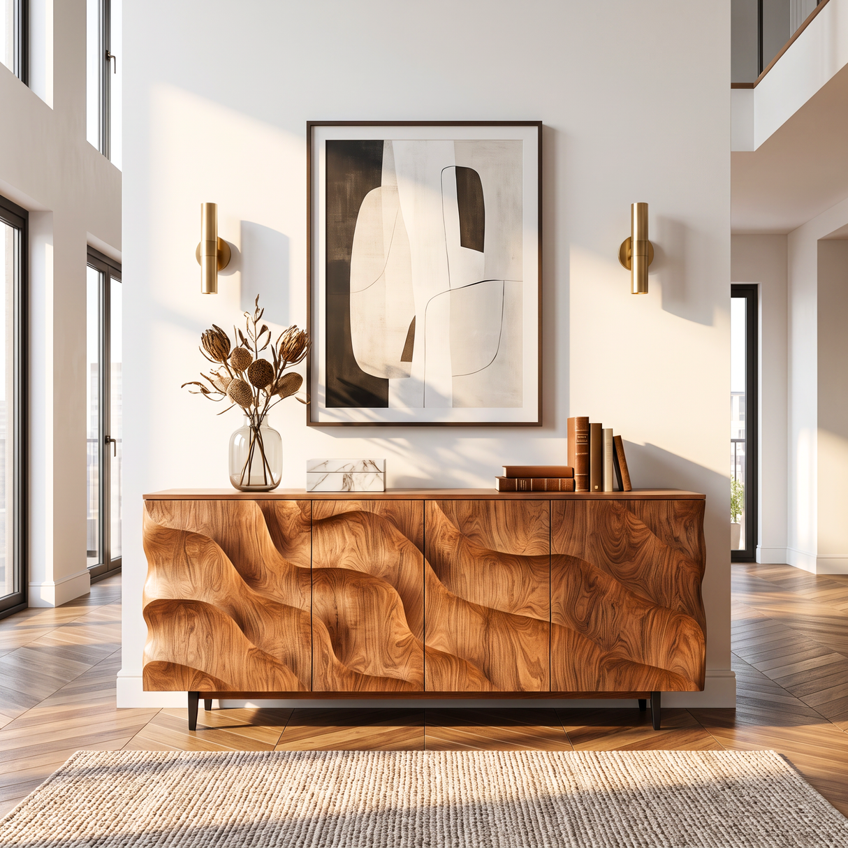 Sideboard Solid Wood with Sculptural Cascade Relief Doors for Living Room Decor