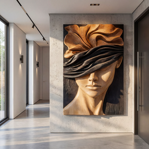 Silent Bloom Wooden Relief Portrait Sculpture Wall Art