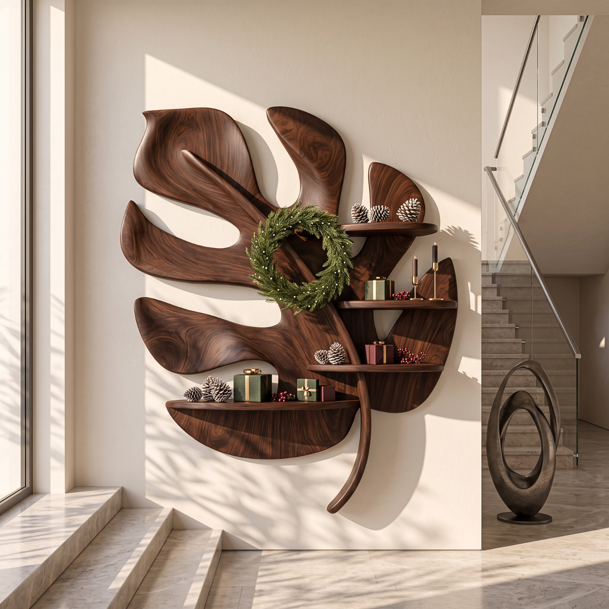 Tropical Leaf Solid Wood Wall Shelf with Sculptural Branch Display Design