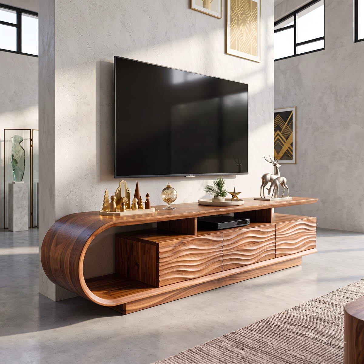 TV Stand with Curved Waterfall Side and Carved Wave Storage Cabinet