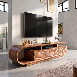 TV Stand with Curved Waterfall Side and Carved Wave Storage Cabinet