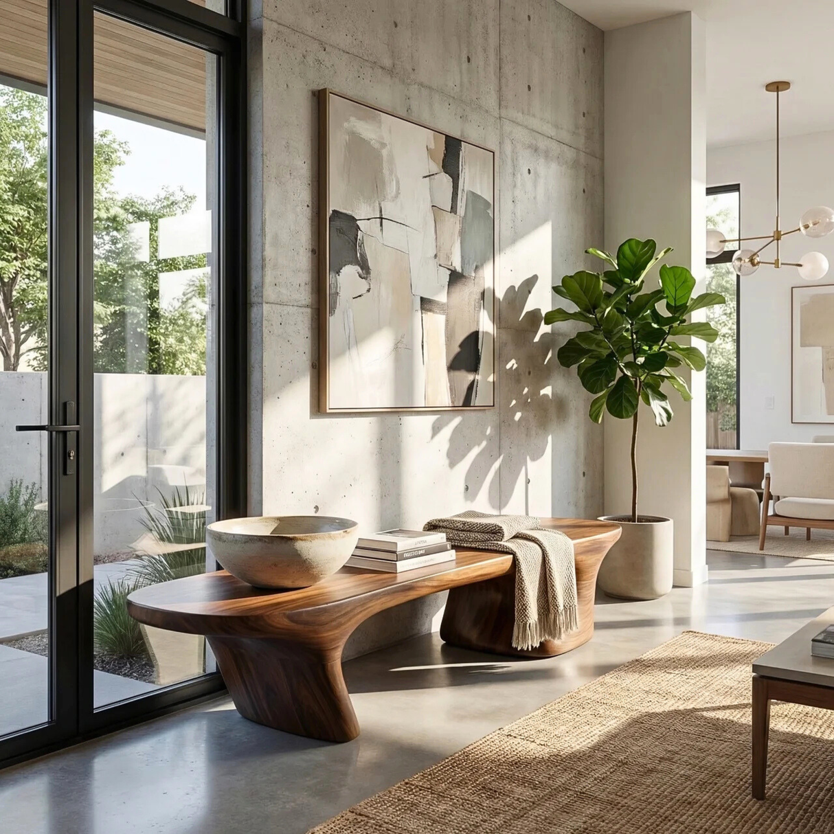 Organic Wood Bench with Sculptural Flared Pedestal Base for Modern Interiors