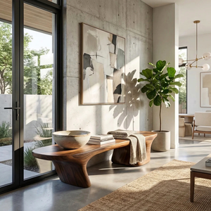 Organic Wood Bench with Sculptural Flared Pedestal Base for Modern Interiors