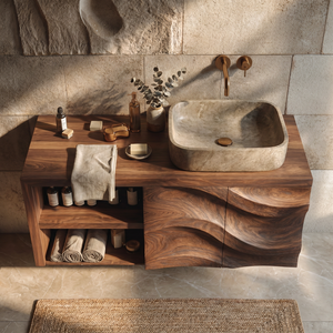 Sculptural Solid Wood Bathroom Vanity Cabinet with Flowing Carved Front
