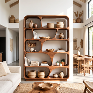 Rounded Solid Wood Bookcase with Organic Grid Shelving and Open Display Compartments