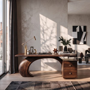 Sculptural Solid Wood Desk with Curved Support and Two Drawer Storage
