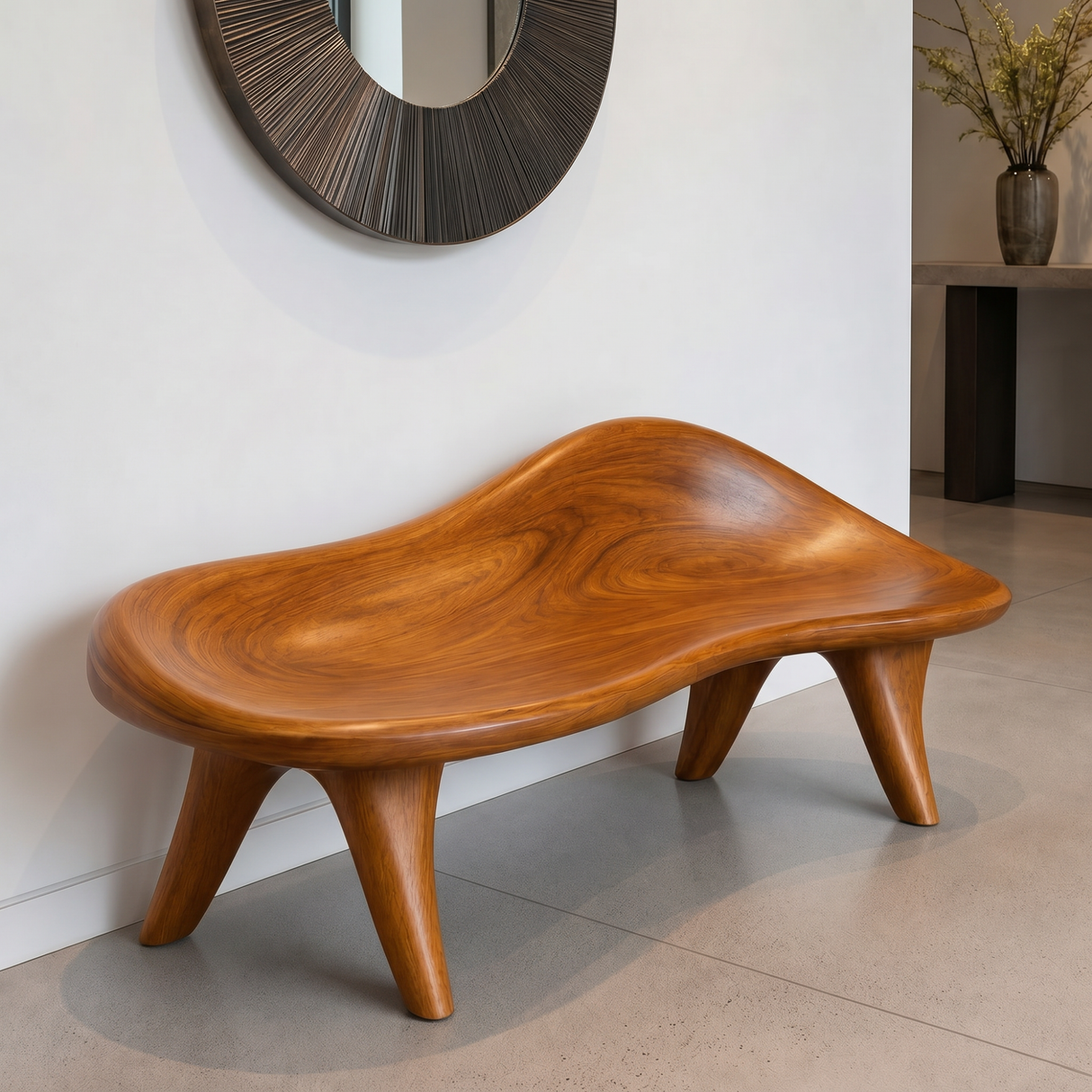 Handcrafted Organic Solid Wood Outdoor Bench with Sculptural Curved Seat