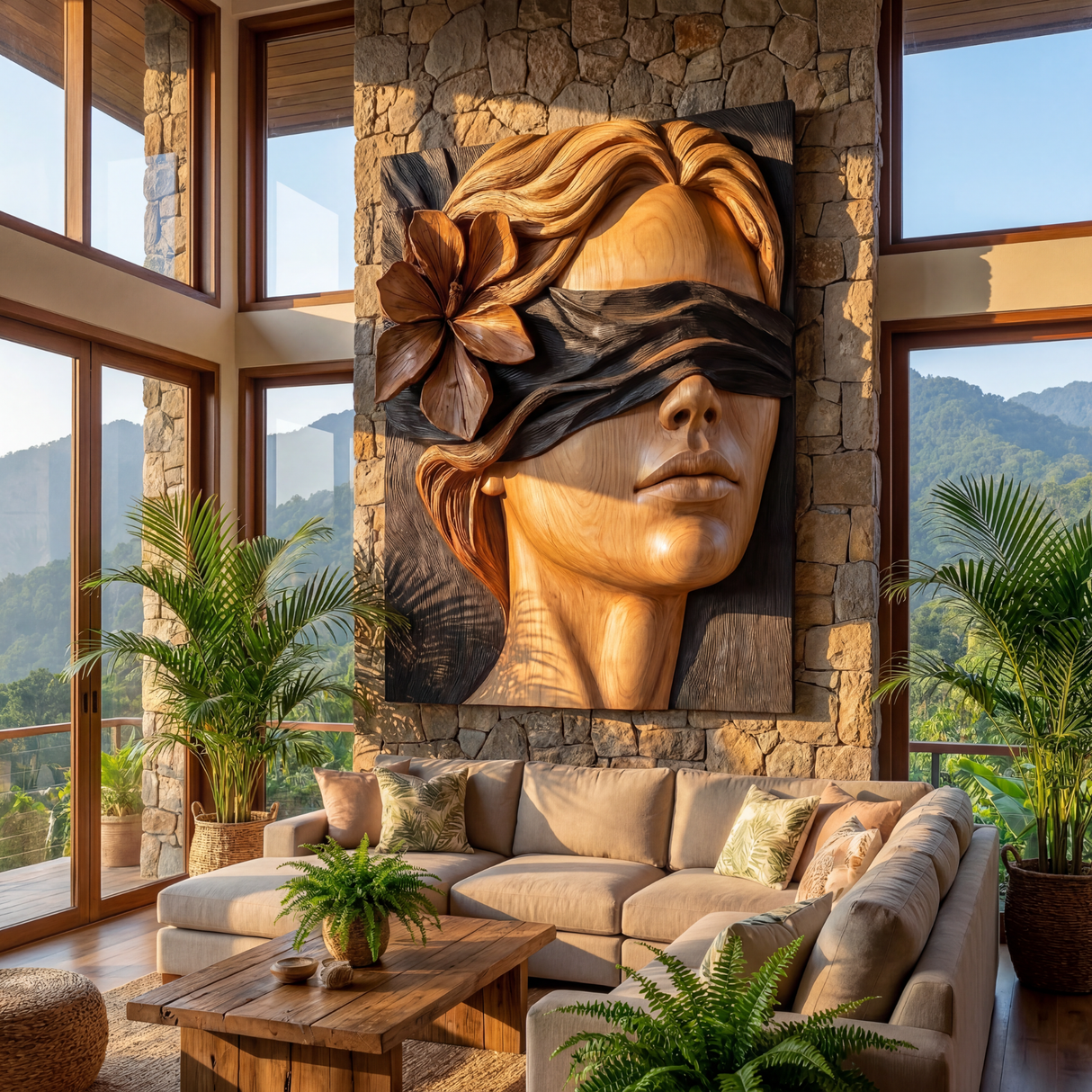 Veiled Contrast Bloom Wooden Relief Portrait Sculpture Wall Art