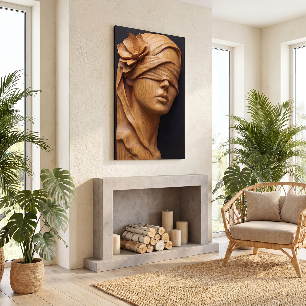 Golden Veil Bloom Wooden Relief Portrait Sculpture Wall Art