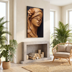 Golden Veil Bloom Wooden Relief Portrait Sculpture Wall Art