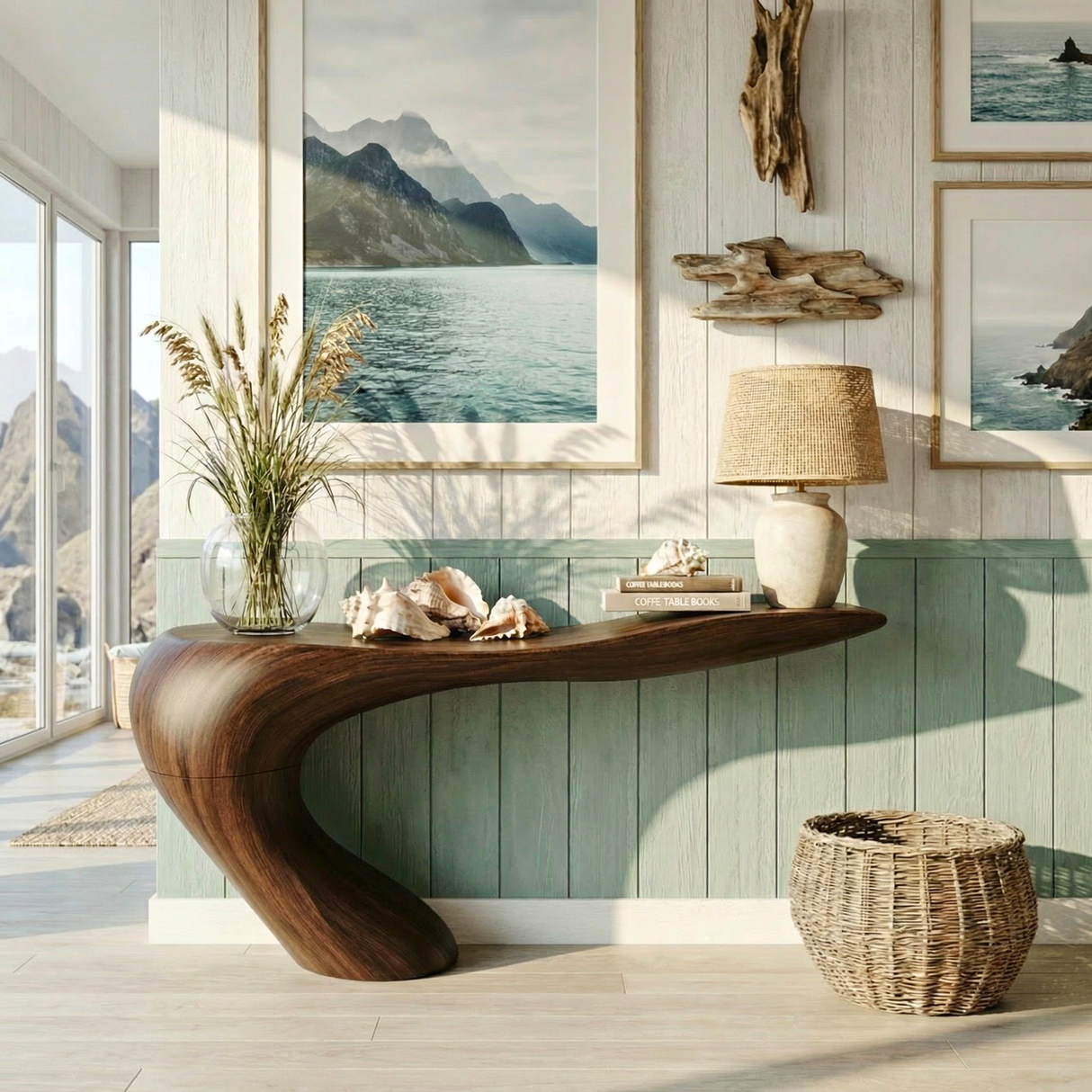 Handcrafted Solid Wood Sculptural Console Table with Curved Waterfall Base