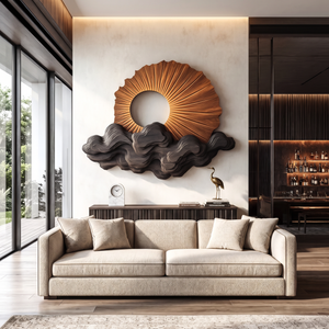 Wall Sculpture Solid Wood with Radiating Sun Design and Layered Dark Wave Clouds