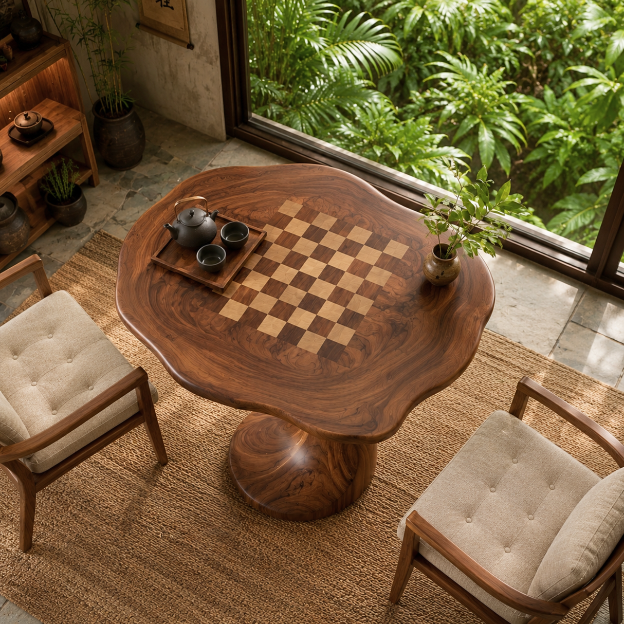 Handcrafted Solid Wood Chess Table with Organic Round Top and Curved Pedestal Base