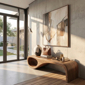 Organic Wood Bench with Sculptural Loop Base for Modern Mediterranean Interiors