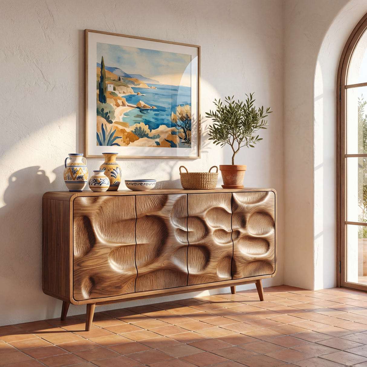 Organic Carved Front Solid Wood Sideboard Cabinet for Living and Dining Rooms