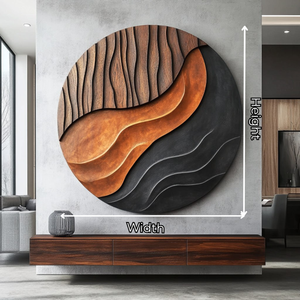 Solid Wood Round Wall Art with Layered Wave Relief for Living Room Decor