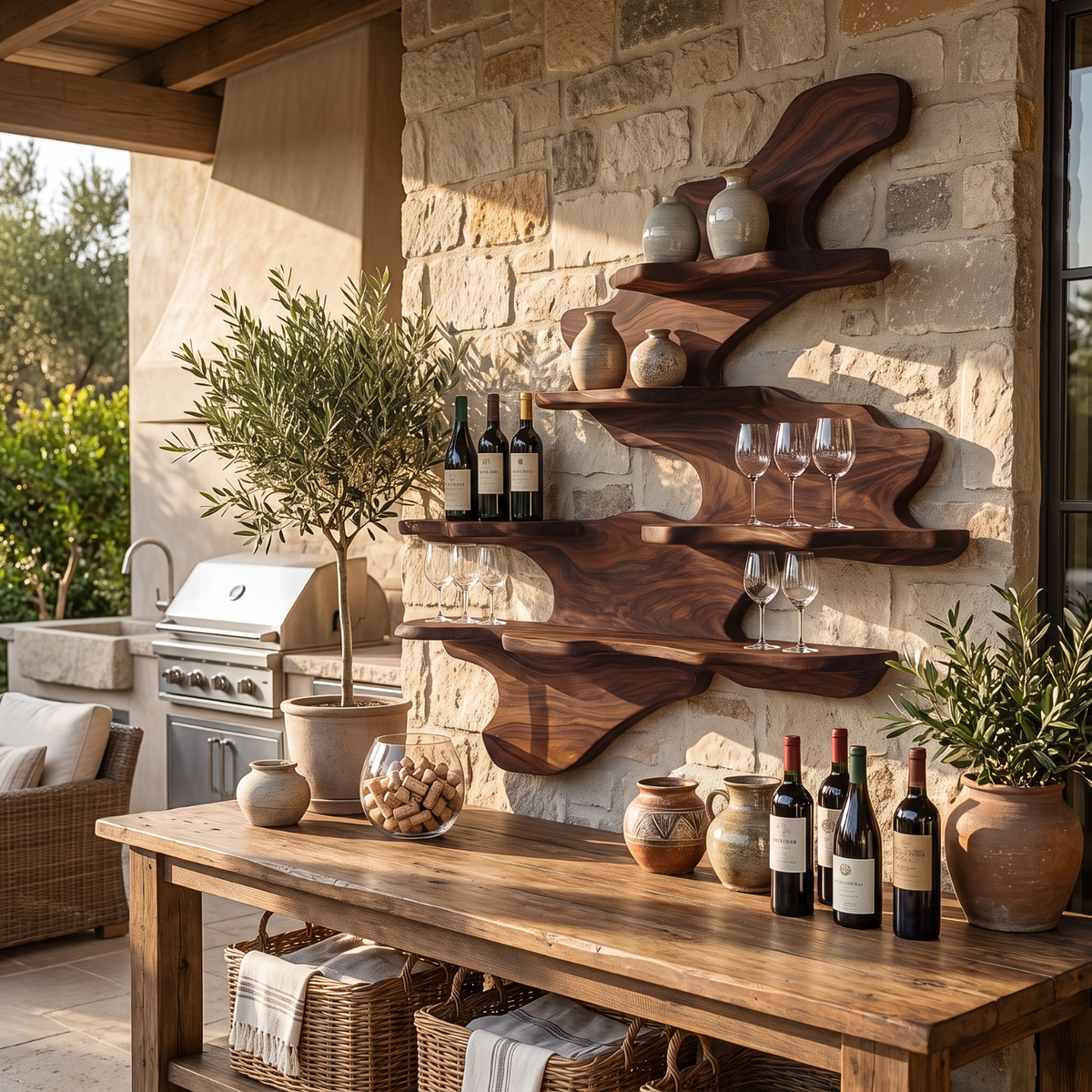Flowing Wave Solid Wood Wall Wine Rack with Tiered Bottle and Glass Shelves