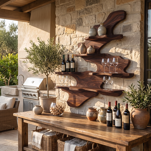 Flowing Wave Solid Wood Wall Wine Rack with Tiered Bottle and Glass Shelves