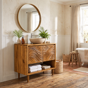 Bathroom Vanity Solid Wood with Carved Ripple Cabinet and Open Shelf for Powder Room