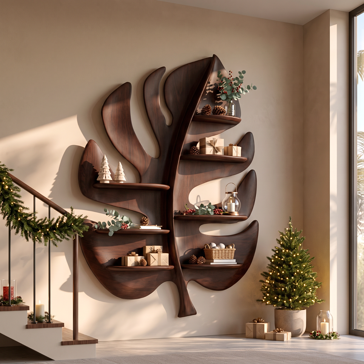 Tropical Leaf Solid Wood Wall Shelf with Organic Sculptural Display Shelves