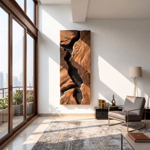 Natural Solid Wood Wall Art with Sculpted Gorge Forms and Black Stone Texture