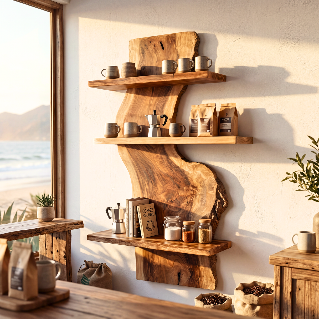 Organic Live Edge Solid Wood Wall Shelf Sculptural Floating Storage