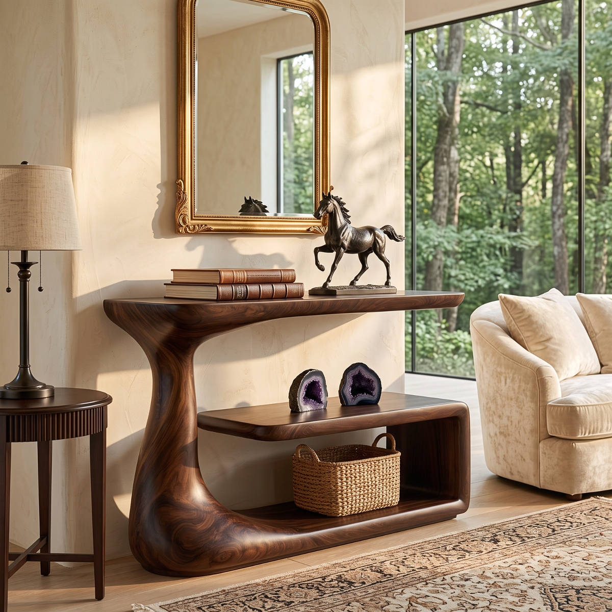 Console Table with Organic Curved Frame and Open Display Shelf